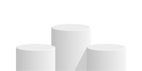 Three Cylinder white podium stage pedestal and platform vector for product display, spotlight presentations, or award ceremonies. for minimalist exhibitions, virtual events, and elegant showcases	