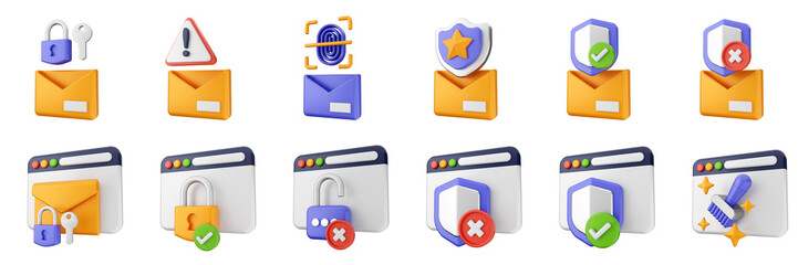 3d internet website mail shield cyber security safety data protection icon set bundle illustration