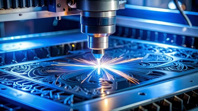 Precision metal cutting with laser technology for intricate design on sheet metal, modern industrial manufacturing process with sparks and blue light