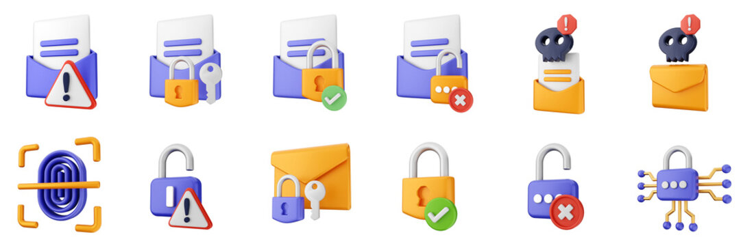 3d internet mail lock key padlock website cyber security safety data protection icon set bundle illustration