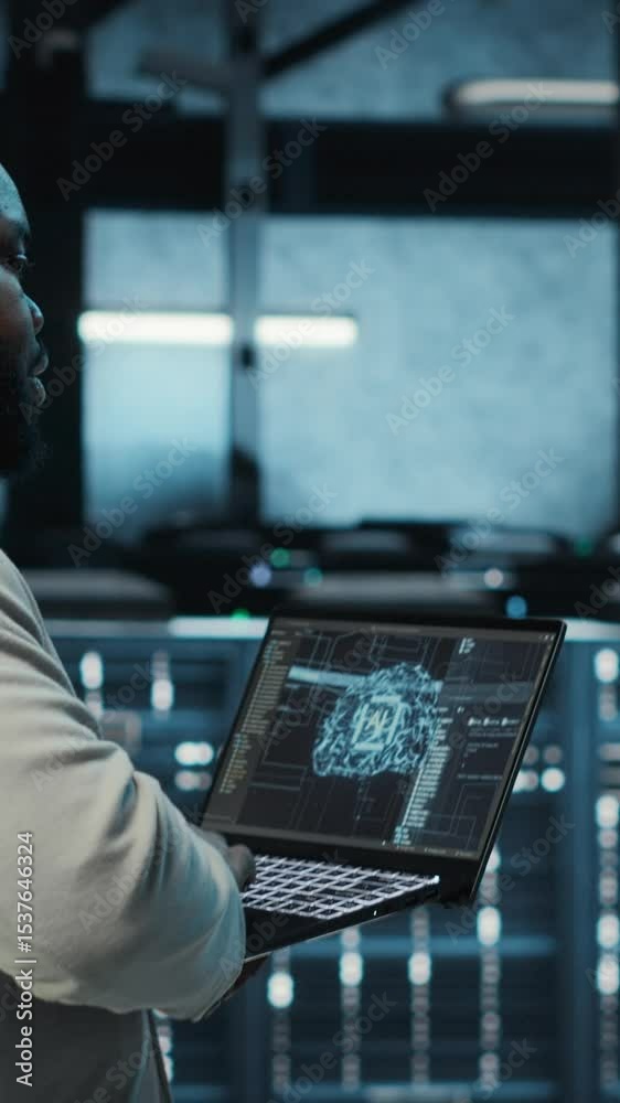 Poster vertical video programmer in data center using laptop, employing ai machine learning models. worker 
