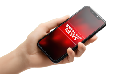 Realistic Smartphone in Hand with ‘Breaking News’ Notification – Transparent PNG with Clean Edges – Perfect for Media, Alerts, Mobile UI, and Emergency Concepts