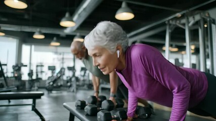 Determined senior woman performing push ups using dumbbells in a modern gym, showcasing her dedication to fitness and an active lifestyle, while her husband exercises in the background - Powered by Adobe