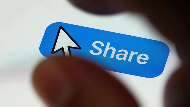 Close-up of a Blue Share Button with Cursor on a Digital Screen