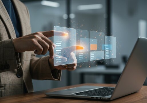 Person interacting with digital interface on laptop, data visualization - Powered by Adobe