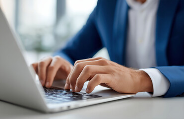 Male professional in a formal suit using a laptop at the office, symbolizing business communication, digital productivity, and modern workplace efficiency.