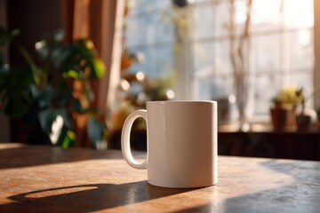 A white mug sits on a wooden table, with sunlight streaming through the window.