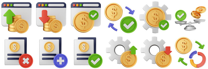 3d money website investment transaction cash coin dollar finance income profit icon set bundle illustration
