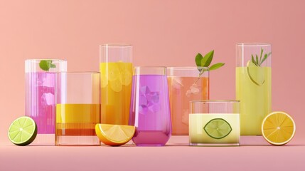 Choice Cheers Service Design. Colorful drinks in glasses with fruits against a pastel background.