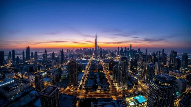 Stunning Sunrise Panorama of Dubai Skyline with Burj Khalifa