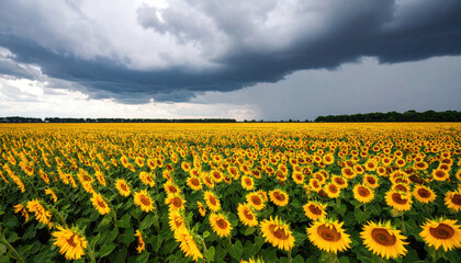 Fototapeta premium Vibrant sunflower field beneath heavy stormy clouds, wide open farmland landscape with yellow blooms and dramatic lighting, nature under atmospheric tension