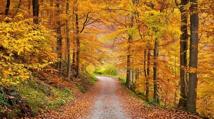 Obraz premium Autumnal path winding through a vibrant forest.