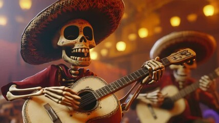 Lively skeleton mariachi band performing at night traditional day of the dead celebration - Powered by Adobe