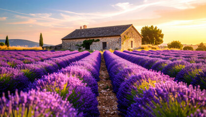 Beautiful lavender farm landscape in southern France during sunset, rows of purple flowers stretch toward a stone house, soft lighting and warm summer mood