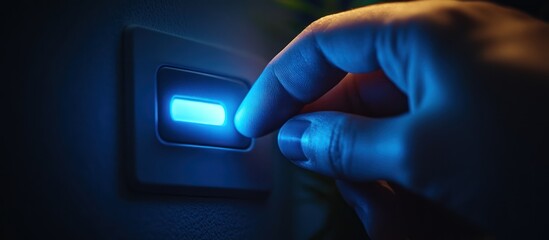 Finger pressing glowing blue button in dark.