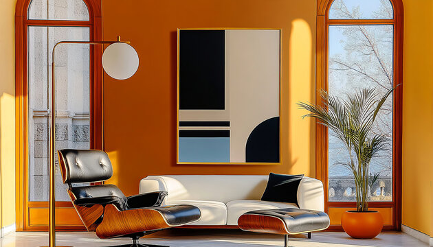 Vibrant living room with orange walls, white sofa, designer armchair and modern lamp. Abstract art and large windows create a sophisticated space.