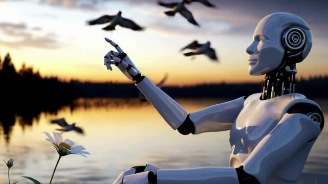 4K Video of Robot's Connection with Nature: A futuristic humanoid robot, gracefully interacts with the environment, pointing at flying birds against a breathtaking sunset backdrop