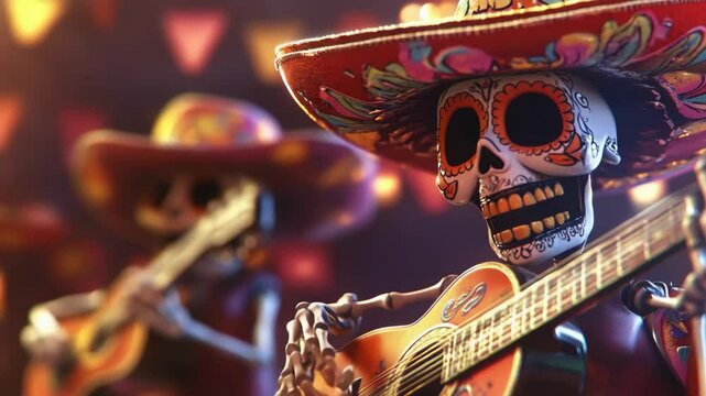 Festive skeleton mariachi playing guitar with colorful sombrero at day of the dead celebration