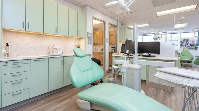 Empty dentist office showing modern equipment, including the examining chair, overhead light, and various tools, creating a clean and sterile environment ready for patients