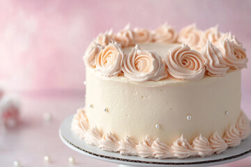 Beautifully decorated cake with pink frosting and pearl accents on a light background