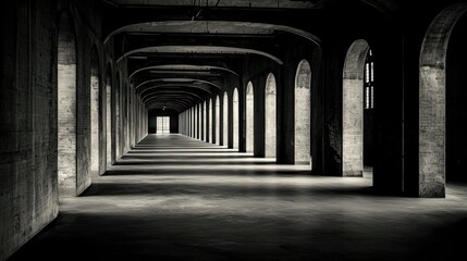 Long perspective hallway with archways and light at the end