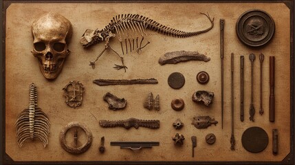 Assorted ancient artifacts and skeletal remains displayed on a wooden surface