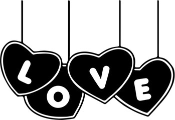 Hanging heart labels on transparent background with the word love written on it. Decoration for a wedding or valentine's dayoveTranspWhite,A black heart hanging from a string with the word love writte
