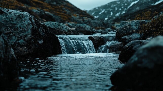 Cascading water over dark rocks in a mountain stream.
