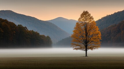 A solitary tree stands peacefully amid a misty mountain landscape