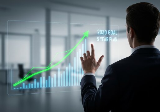 Businessman analyzing financial growth chart with 2030 goal and 5 year plan