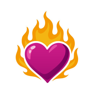 A vibrant purple heart encircled by dynamic orange and yellow flames, symbolizing passion, love, and intensity