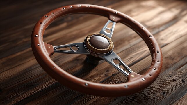 Fototapeta Close up of a vintage car steering wheel with brown leather grip on a wooden surface display shot