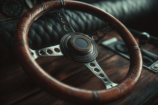 Fototapeta Close up of a vintage car steering wheel with leather grip and metal spokes on a wooden surface