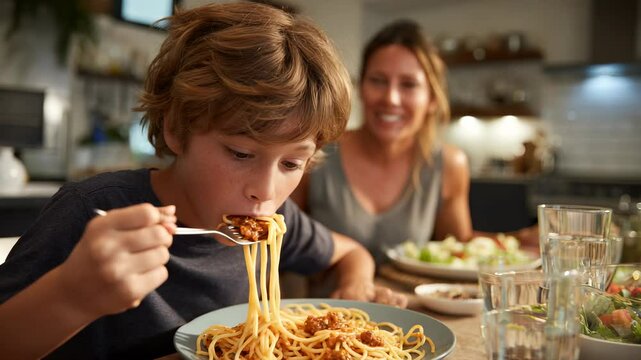 Young boy carefully lifting spaghetti with tomato sauce and meatballs onto his fork while having dinner with his mother in a modern kitchen