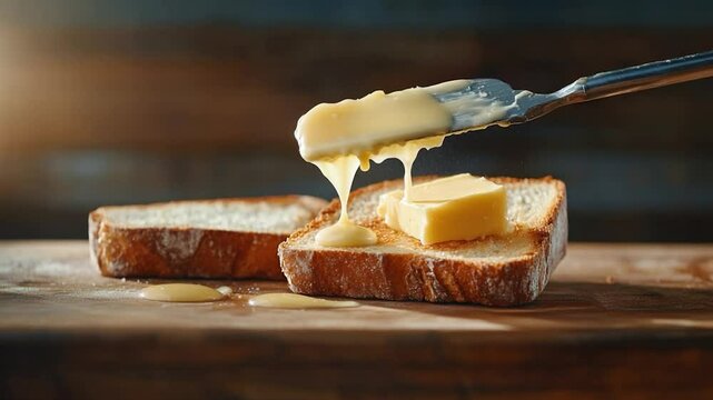 Butter being spread on slice of bread for breakfast preparation close up shot