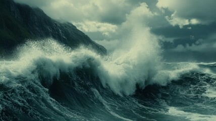 A turbulent ocean scene shows large waves near rocky cliffs