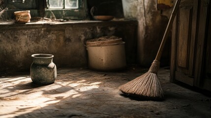 A Rustic Interior Showing a Broom and Aged Items