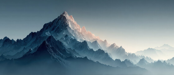 Fototapeta premium Majestic mountain peak silhouette with layered ridges and soft morning light.