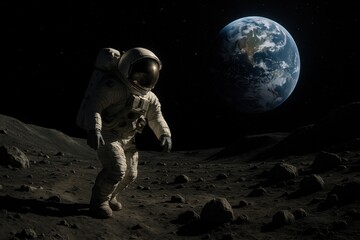 Fototapeta premium Lunar Surface Exploration with Astronaut and Earth View in Deep Space