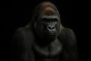 Powerful male silverback gorilla portrait with intense expression on black background