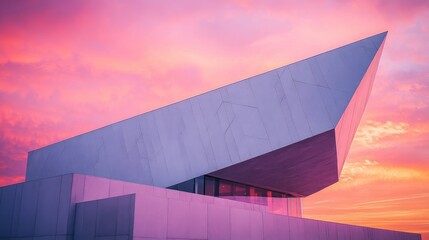 A modern architectural design against a vibrant sunset sky scene