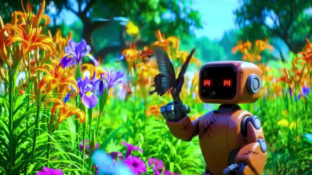 4K Video - Harmony in the Garden: A friendly robot encounters a beautiful butterfly amidst a vibrant garden, showcasing an unusual moment of connection between technology and nature.