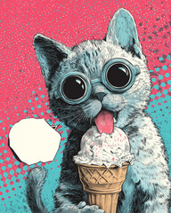 Cat with Sunglasses and Ice Cream, Pop Art Style Illustration