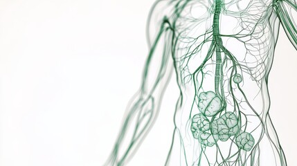 A detailed lymphatic system illustration with labeled components. Featuring major vessels and lymph nodes