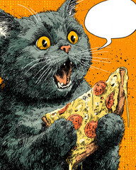 Surprised Cat Holding Pizza, Pop Art Style Illustration