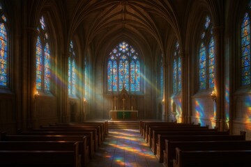 Fototapeta premium Sacred cathedral interior featuring stunning stained glass illumination and divine architectural spirituality for religious photography