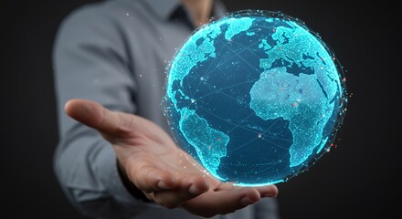 Global connectivity visualized: A glowing digital earth held in human hand