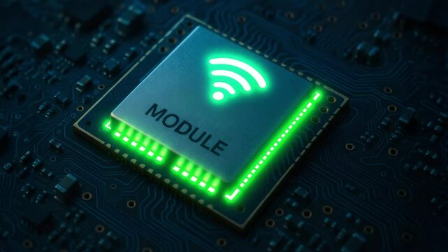 Wireless module on computer circuit board with glowing signal icon symbolizing engineering technology and connectivity in modern electronics