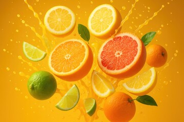 Spectacular Tropical Citrus Fruit Explosion with Juice Splash in Vibrant Summer Colors