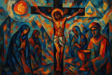 Contemporary biblical art featuring abstract representation of religious figures using modern artistic techniques and symbolic imagery